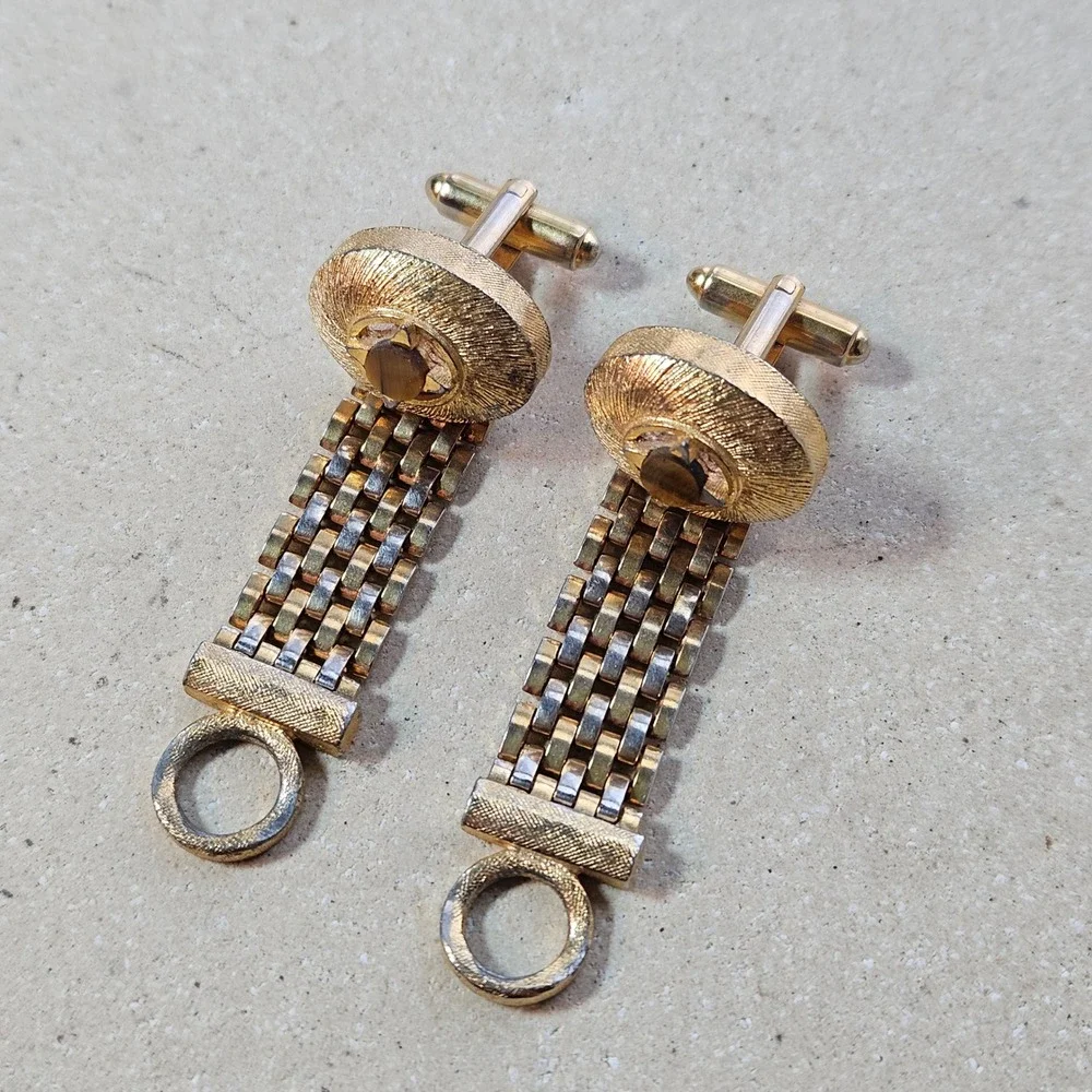 Vintage Gold Tone Mesh Wrap Around Cufflinks Tigers Eye Stone Mid Century 70s